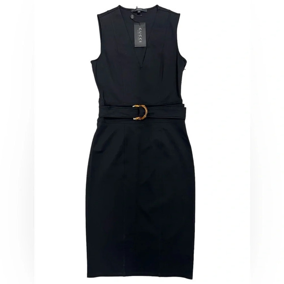 GUCCI Fitted Sleeveless V-neck Bamboo Belted Sheath Dress Black Luxury Size M - Picture 2 of 12